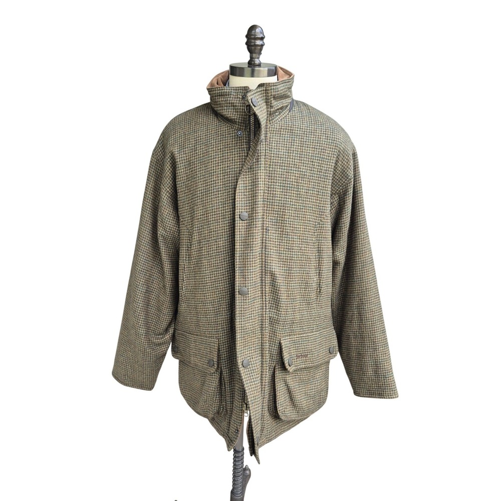 Barbour‎ Sporting Mens Wool Houndstooth Field Jacket Olive Brown Tweed Jacket XL